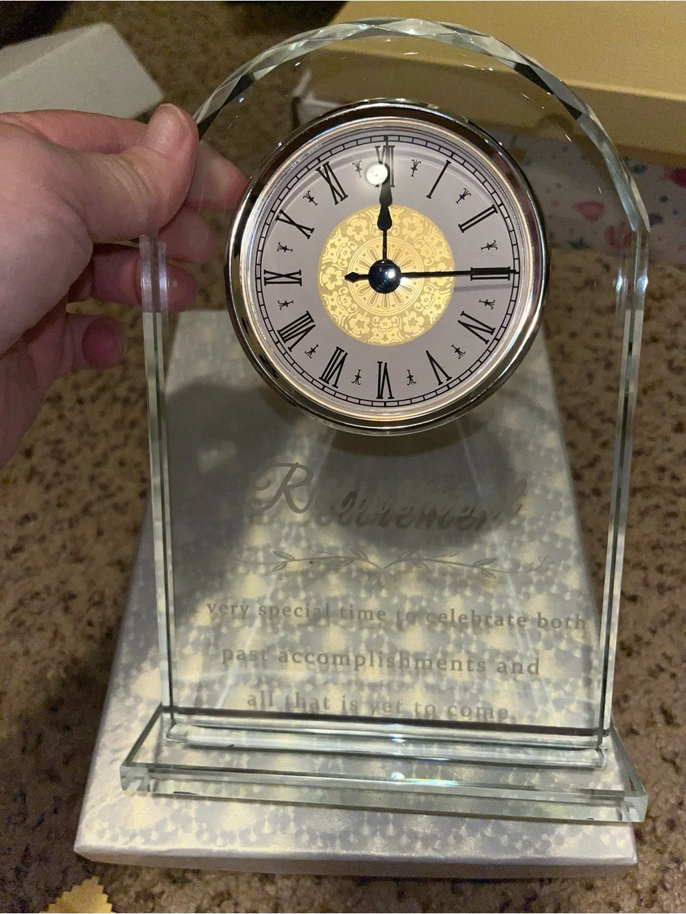 Clear Crystal Desk Clock with Gold Dial and Polished Cloth - Retirement quote